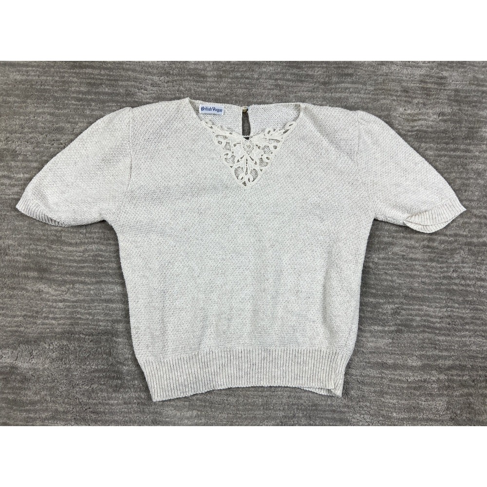 British Vogue Sweater Women M Cream Cotton Short Sleeve Lace V-Neck Knit Top USA